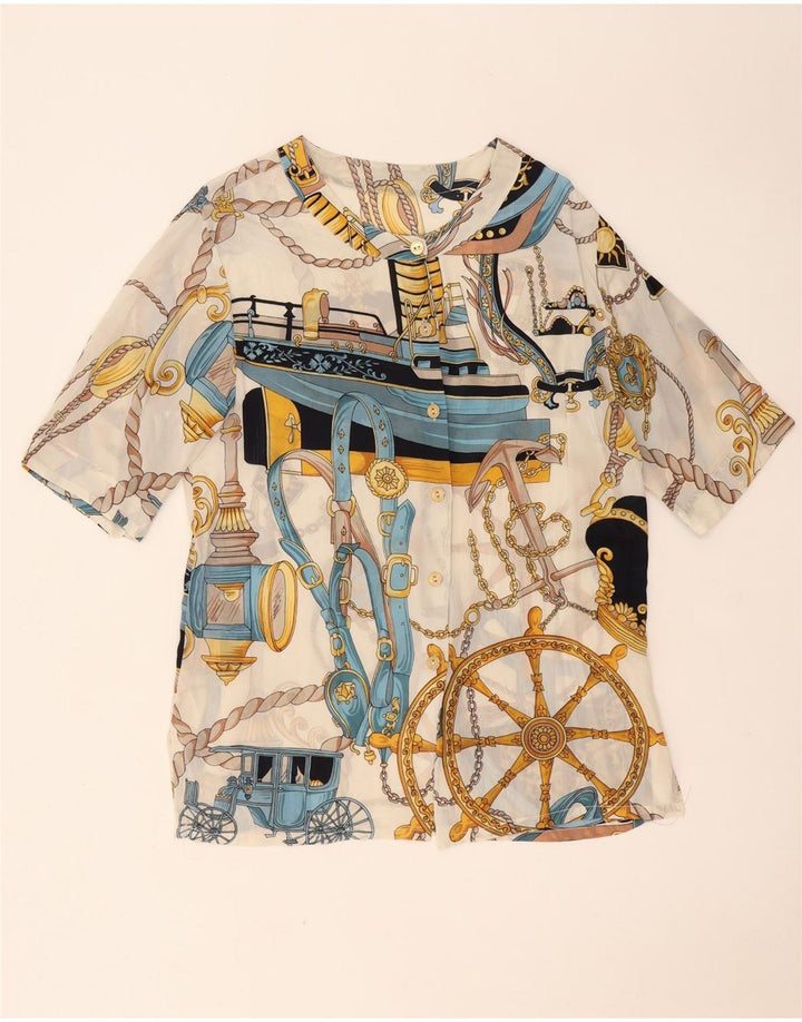 Vintage Damen abstraktes Muster Kurzarm-Hemdbluse UK 14 Large Weiß