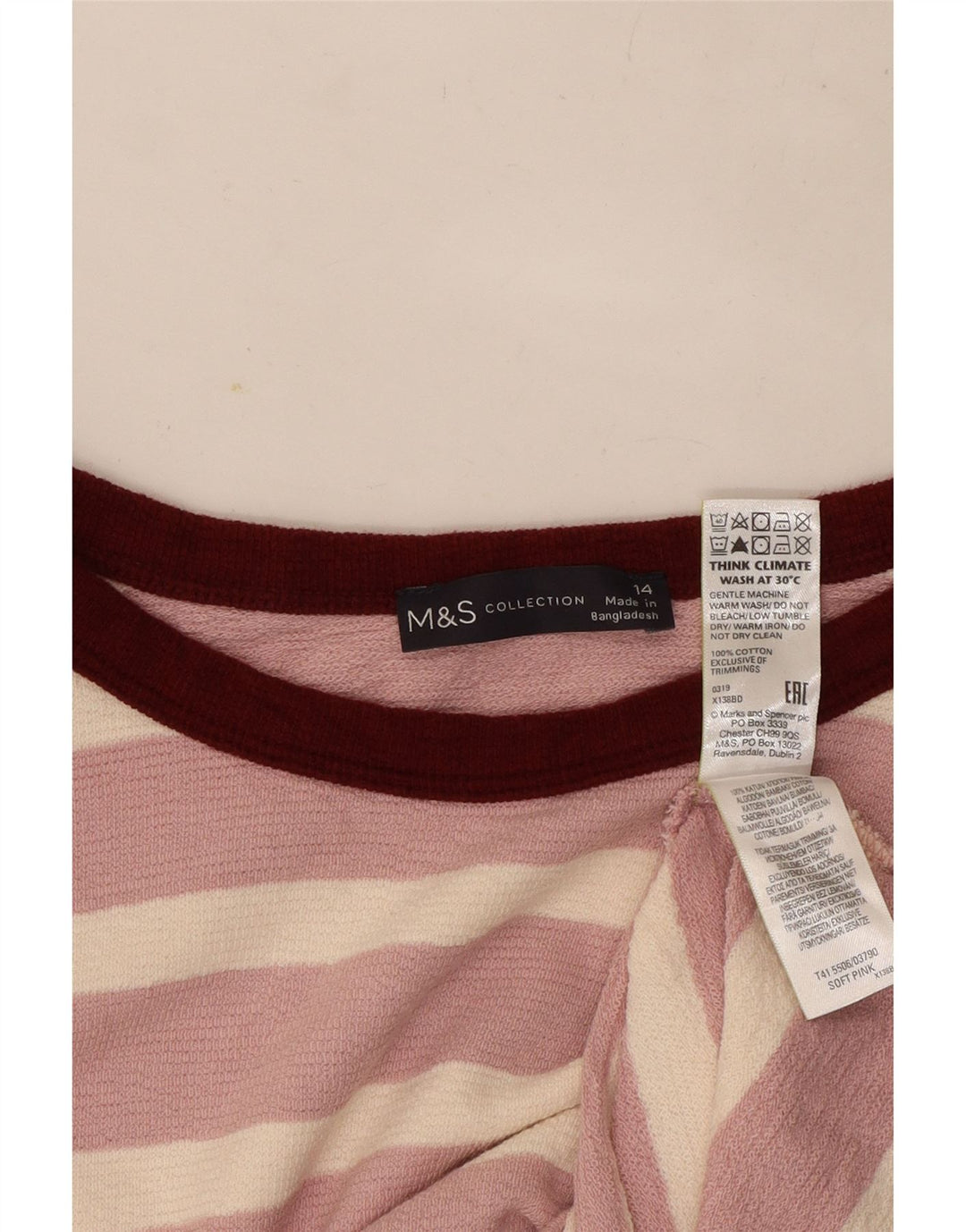 Marks & Spencer Damen Top Langarm UK 14 Große rosa gestreifte Baumwolle