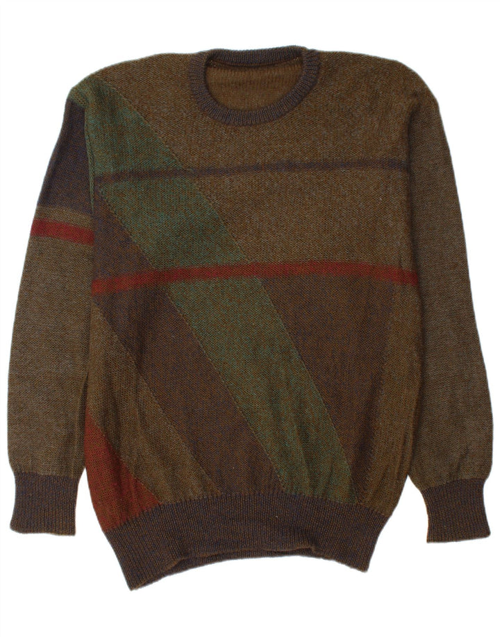 VINTAGE Mens Crew Neck Jumper Sweater Large Khaki Colourblock