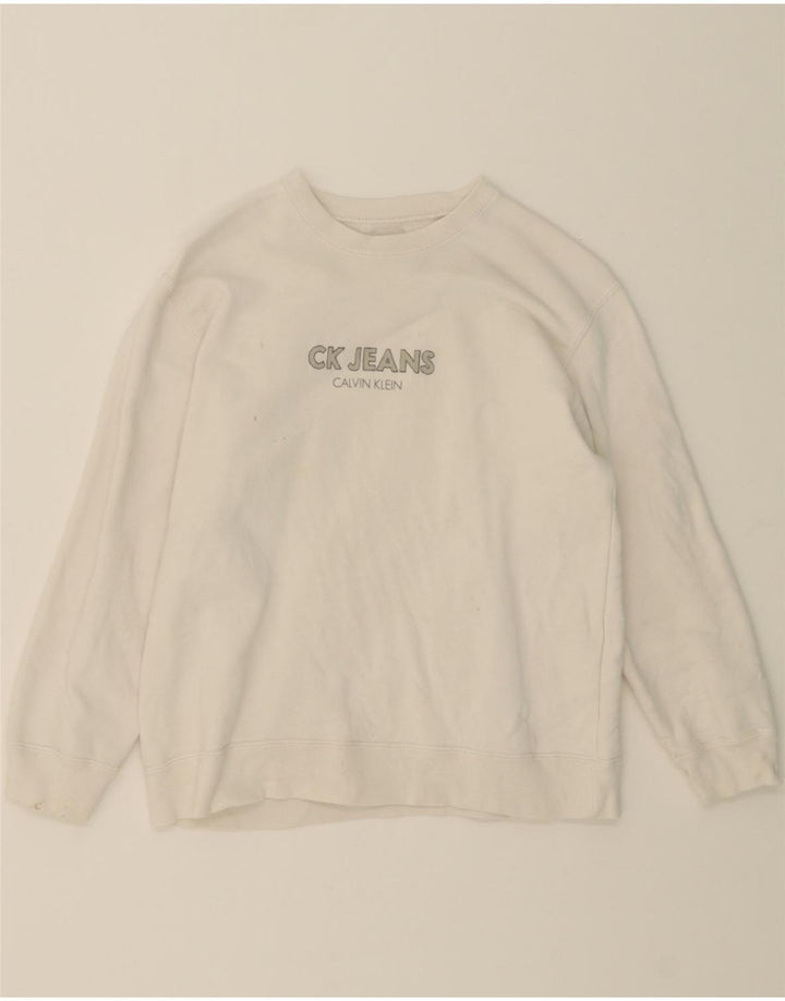 CALVIN KLEIN JEANS Boys Graphic Sweatshirt Jumper 11-12 Years White Vintage Calvin Klein Jeans and Second-Hand Calvin Klein Jeans from Messina Hembry 