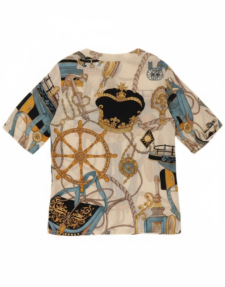 Vintage Damen abstraktes Muster Kurzarm-Hemdbluse UK 14 Large Weiß