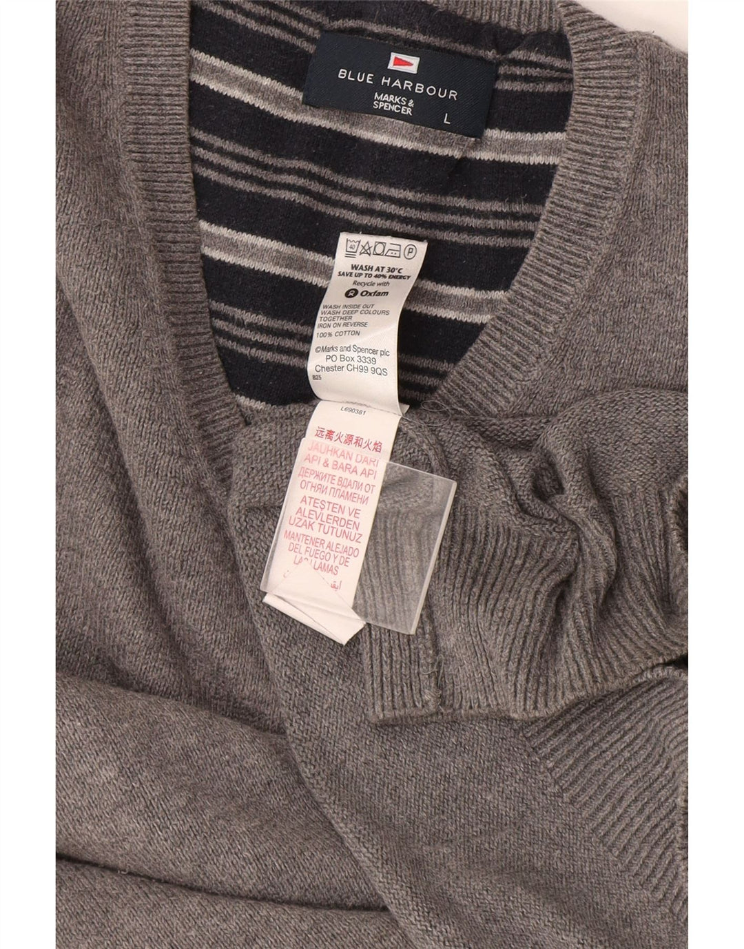 Marks & Spencer Herren Blue Harbor V-Ausschnitt Pullover Pullover Große graue Baumwolle