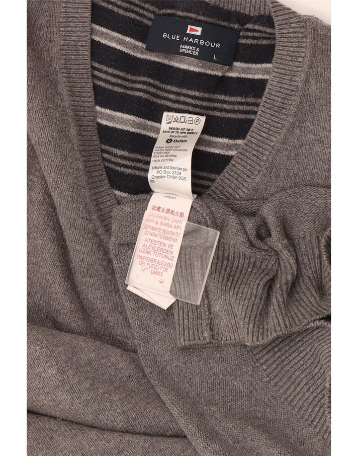 Marks & Spencer Herren Blue Harbor V-Ausschnitt Pullover Pullover Große graue Baumwolle