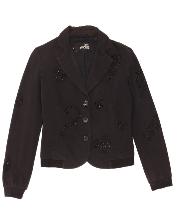 Moschino Womens Crop Graphic 3 Button Blazer Jacke UK 10 Small Schwarz