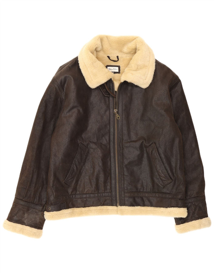Vintage Herren Sherpa Lederjacke UK 38 Mittelbraun Farbblock