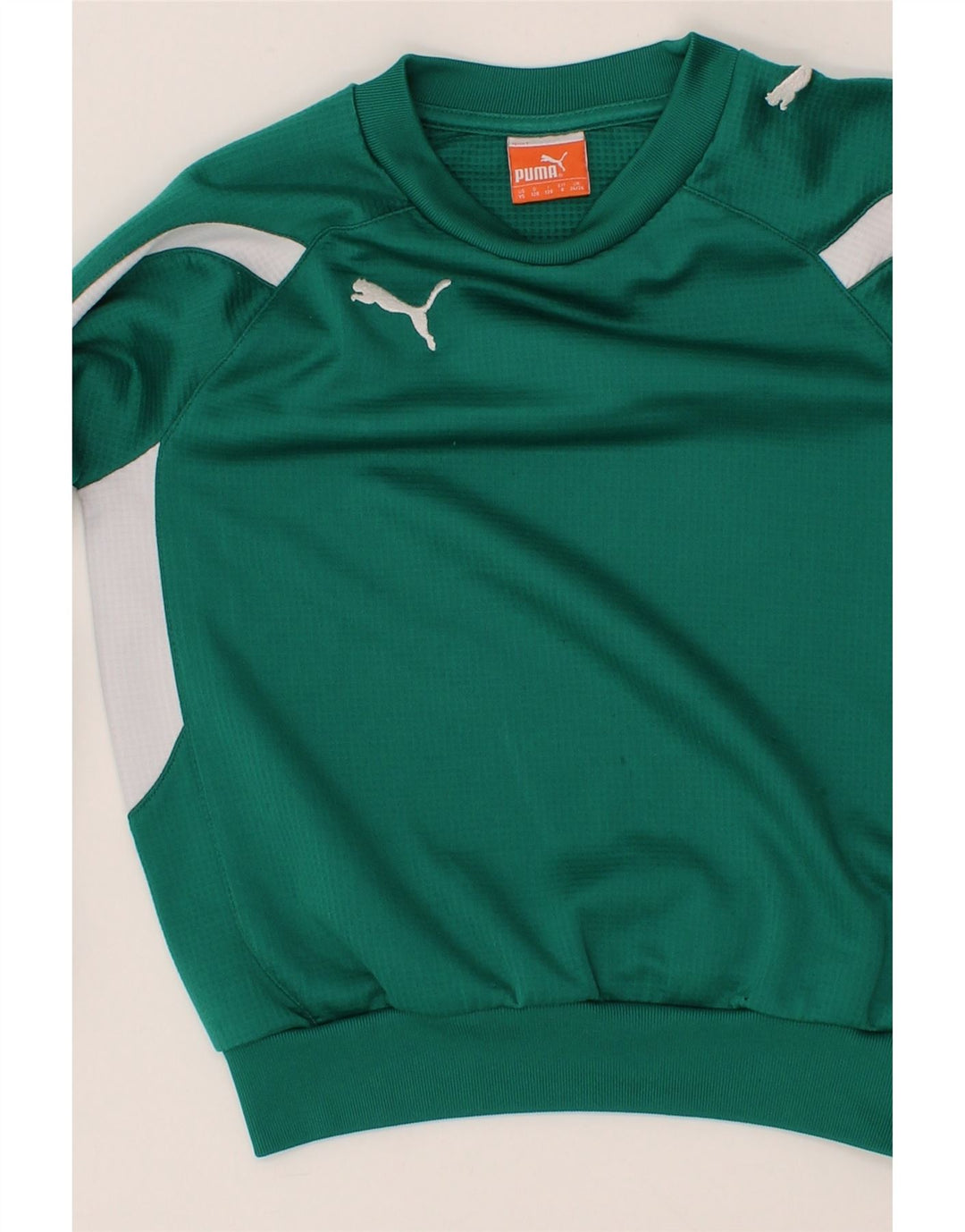 PUMA Boys Graphic Sweatshirt Jumper 7-8 Years Small Green Colourblock Vintage Puma and Second-Hand Puma from Messina Hembry 