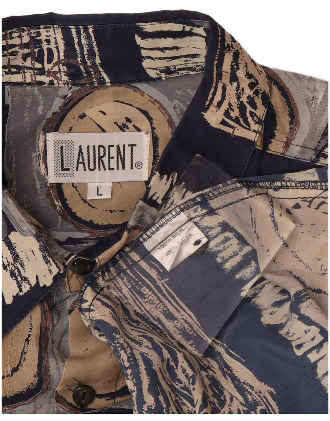 LAURENT Herren-Kurzarmhemd, groß, marineblau, geometrische Seide