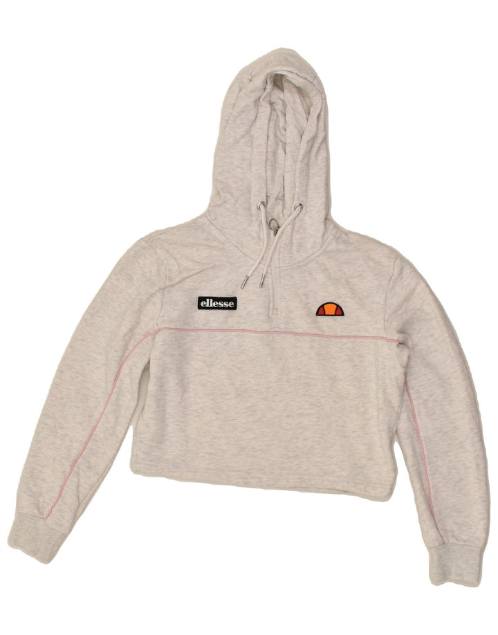ELLESSE Womens Crop Graphic Hoodie Jumper UK 8 Small Grey Cotton | Vintage Ellesse | Thrift | Second-Hand Ellesse | Used Clothing | Messina Hembry 
