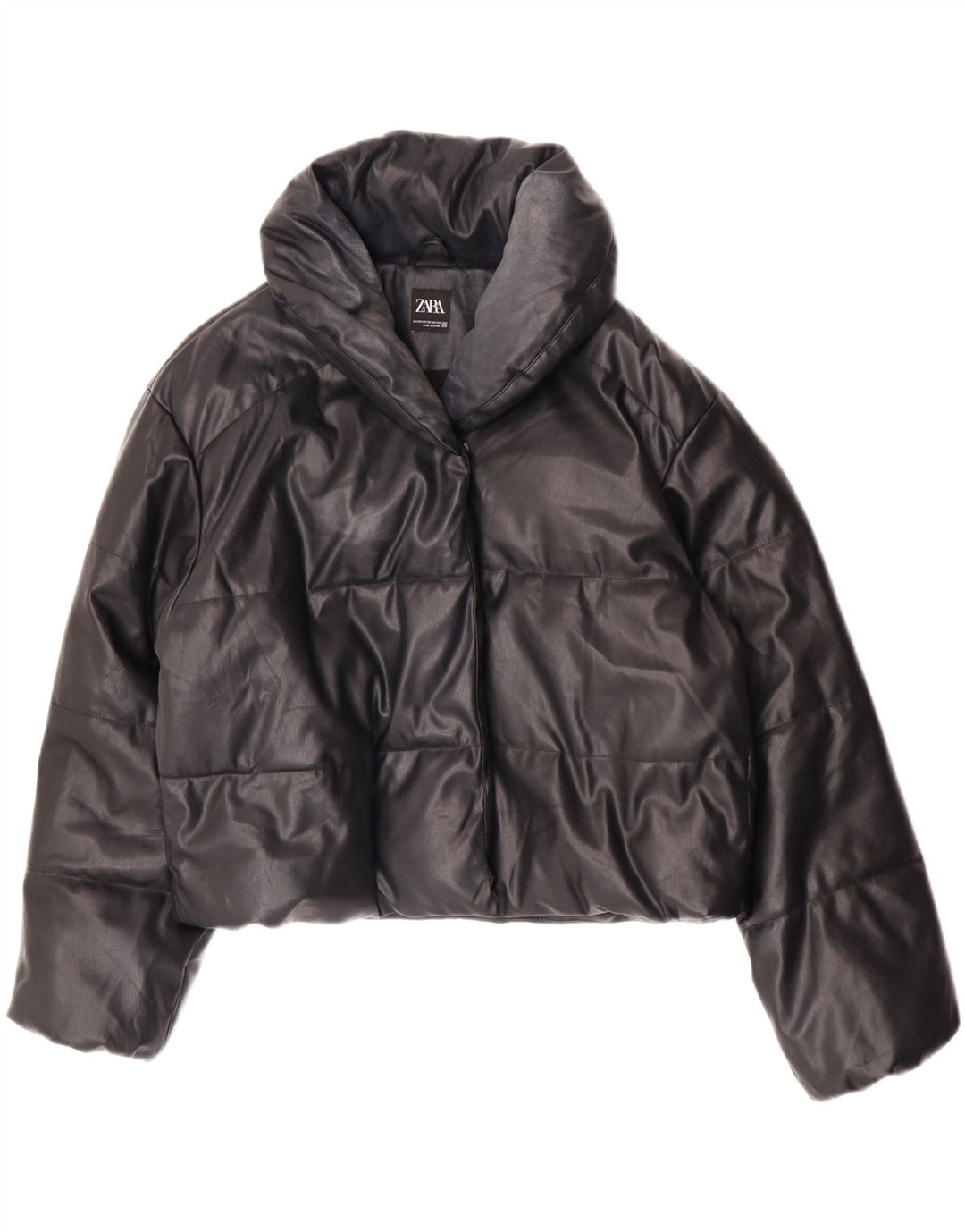 Zara Damen Übergroße gepolsterte Kunstlederjacke UK 6 XS Schwarz Polyurethan