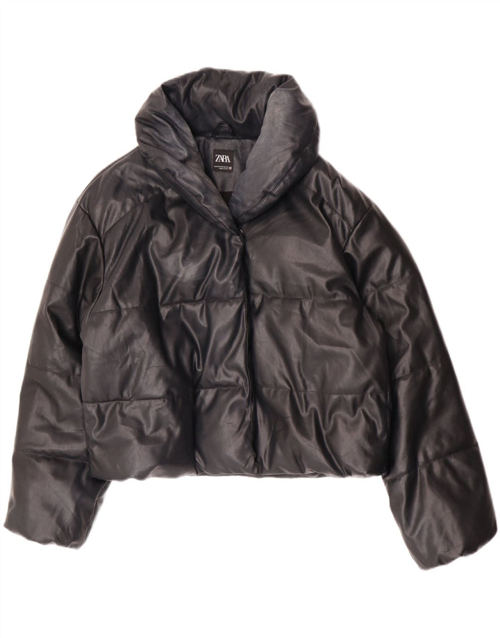 Zara Damen Übergroße gepolsterte Kunstlederjacke UK 6 XS Schwarz Polyurethan