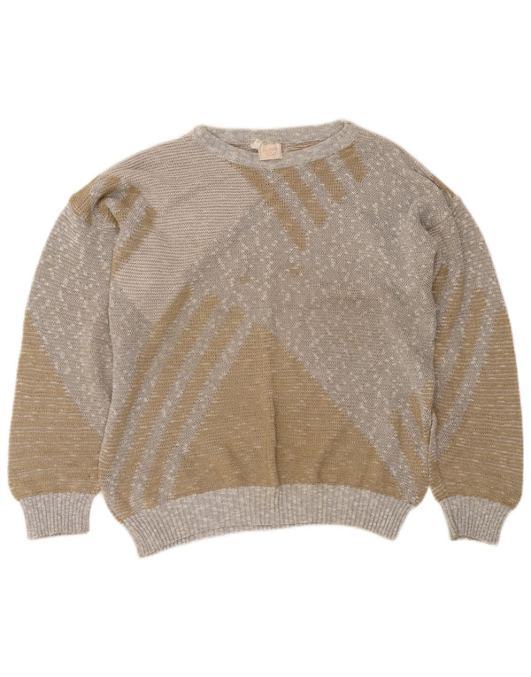 Vintage Damen Pullover mit U-Boot-Ausschnitt IT 50 XL Beige Colourblock Baumwolle