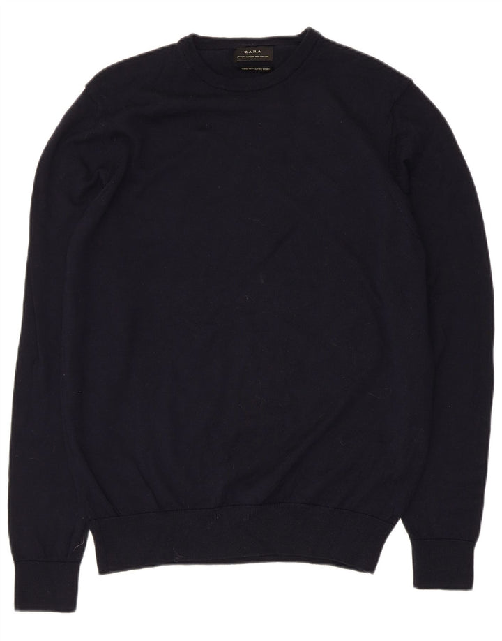 Zara Herren-Pullover mit Rundhalsausschnitt, mittlere marineblaue Wolle