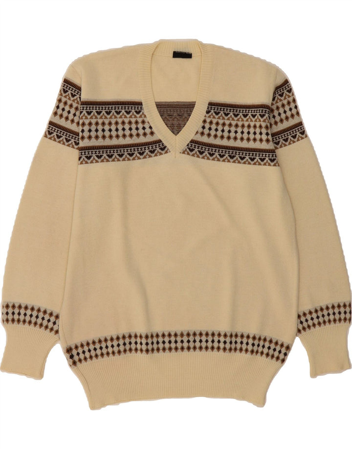 SETTEBELO Mens V-Neck Jumper Sweater Medium Beige Geometric Wool Vintage Settebelo and Second-Hand Settebelo from Messina Hembry 