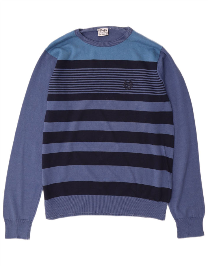 GIANMARCO VENTURI Herren-Pullover mit Rundhalsausschnitt, mittelblau, gestreift, Baumwolle