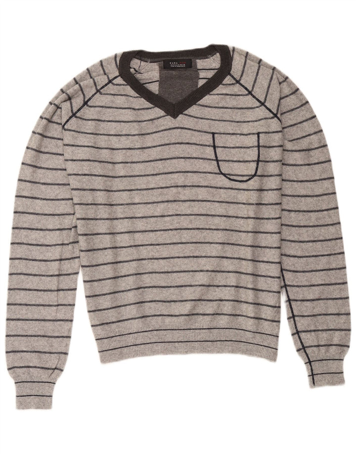 Zara Herren-Pullover mit V-Ausschnitt, mittelgrau gestreift