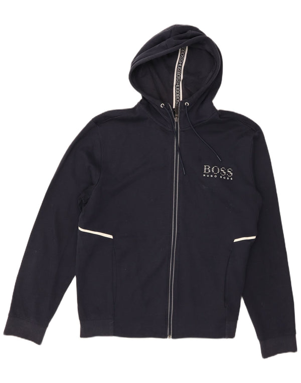 Hugo Boss Herren-Kapuzenpullover mit grafischem Reißverschluss, XL, marineblaue Baumwolle