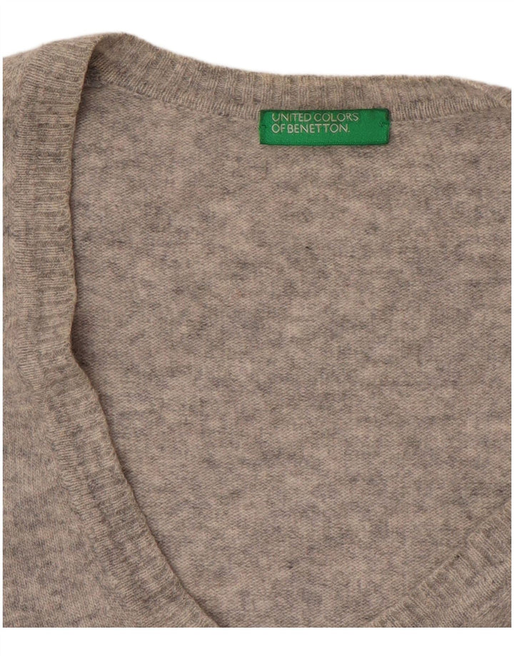 BENETTON Womens V-Neck Jumper Sweater UK 14 Medium Grey Classic