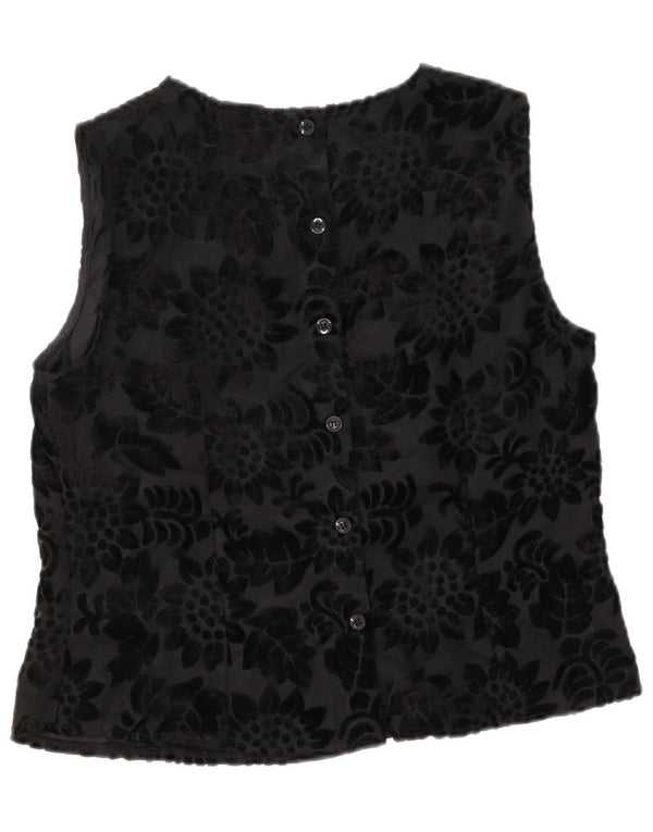 Vintage Damen Ärmelloses Crop Blusen Top UK 14 Medium Schwarz Floral