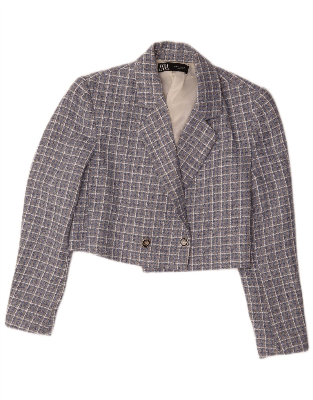Zara Damen Crop Zweireiher Blazer Jacke UK 14 Mittelblau kariert