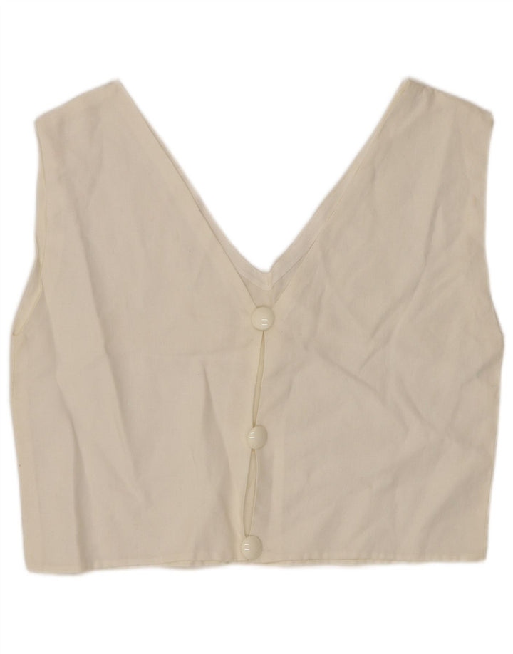 VINTAGE Damen Crop ärmellose Hemdbluse UK 12 Mittelweiß