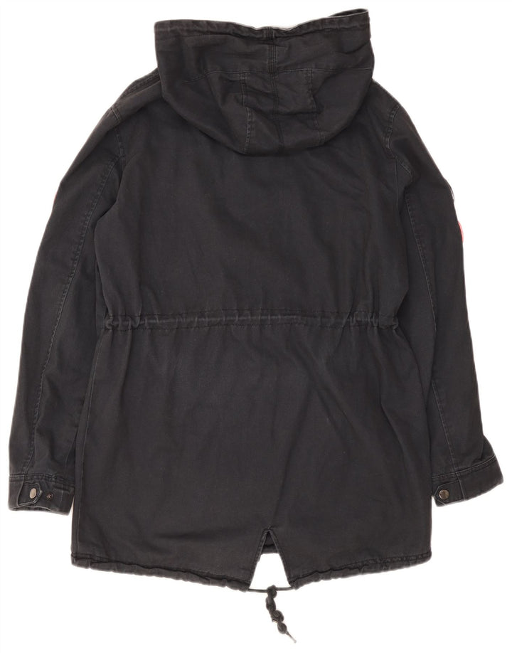 Superdry Damen-Parka mit grafischer Kapuze, UK 12, mittelmarineblaue Baumwolle