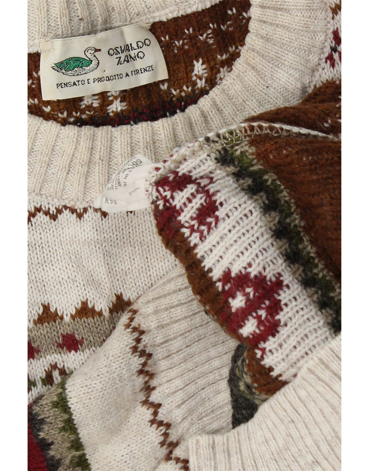 Vintage Herren-Pullover mit Rundhalsausschnitt, groß, aus weißer, geometrischer Wolle