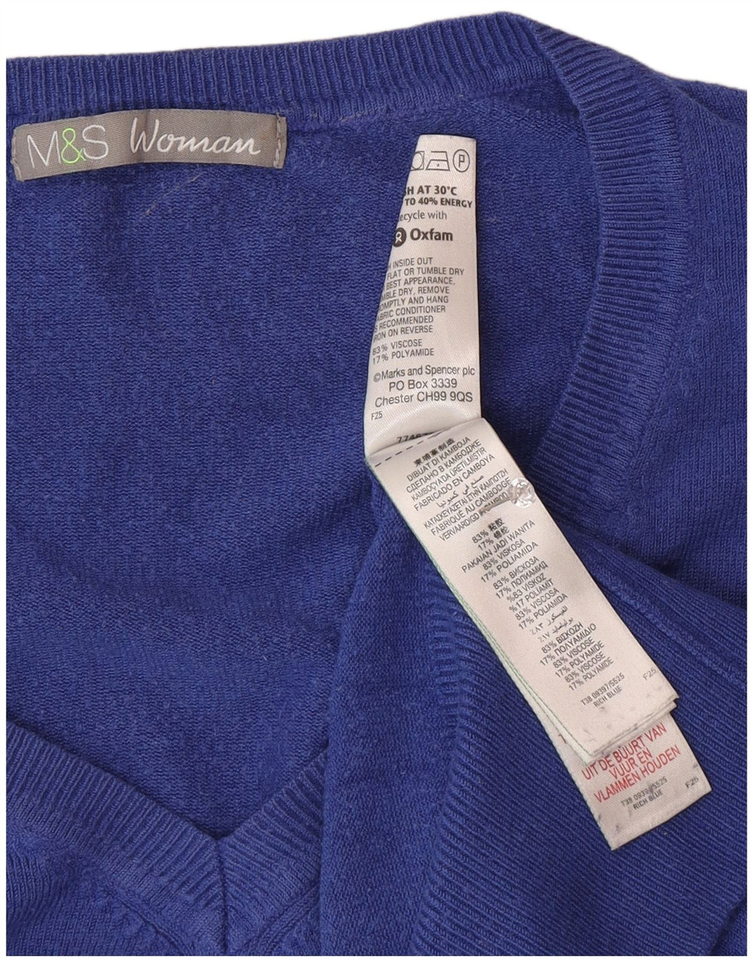 Marks & Spencer Damen-Pullover mit V-Ausschnitt, UK 16, Größe L, Blau, Polyamid