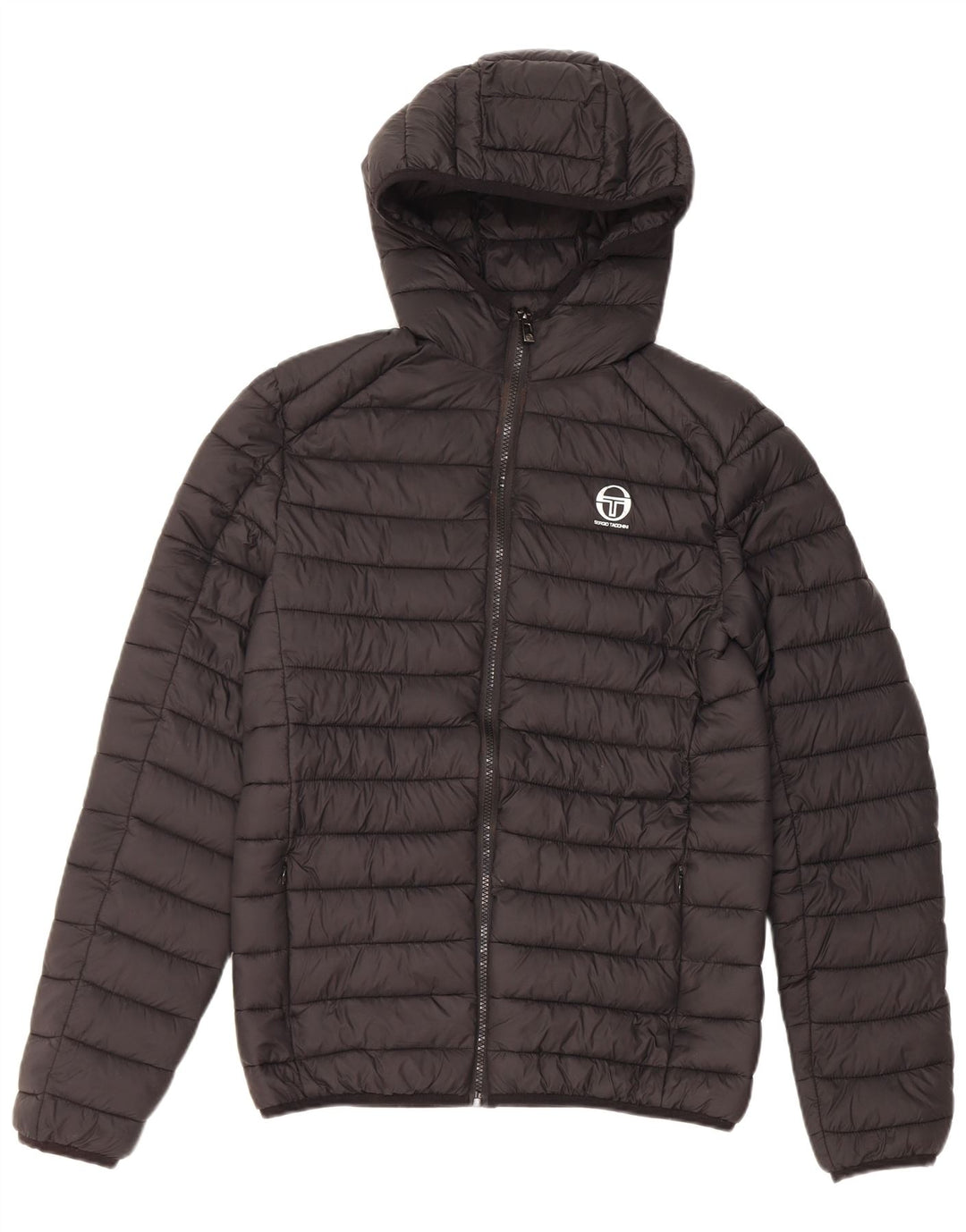 Sergio Tacchini gepolsterte Herrenjacke mit Kapuze, UK 36, kleines schwarzes Nylon