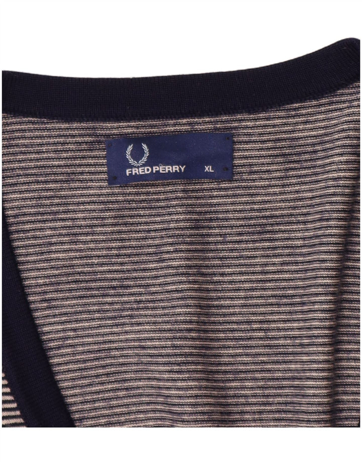 FRED PERRY Herren-Strickjacke XL Marineblaue Nadelstreifen-Merinowolle