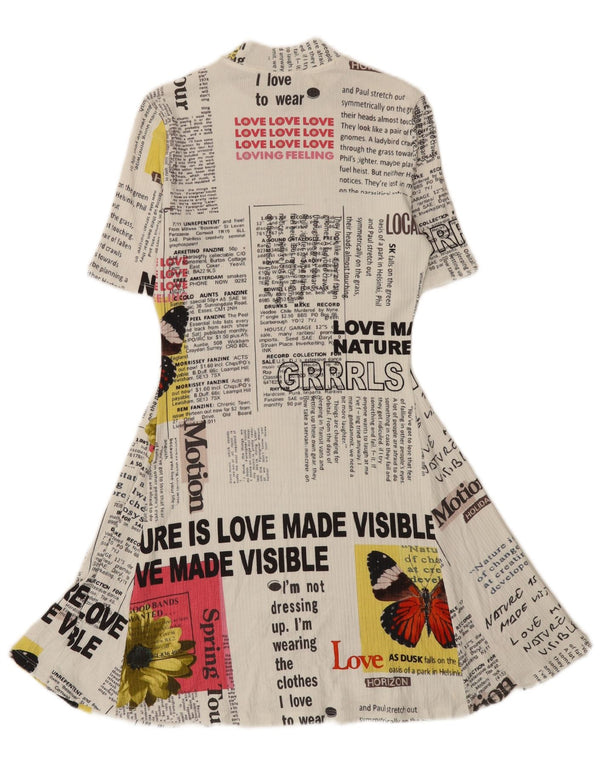 Desigual Damen Zeitungs-Grafik-A-Linien-Kleid UK 12 Mittelweiße Viskose