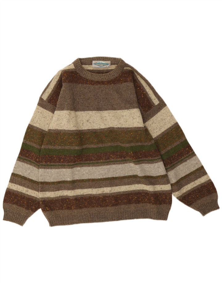 Vintage Herren-Pullover mit Rundhalsausschnitt, mittelgroße Khaki-gestreifte Wolle