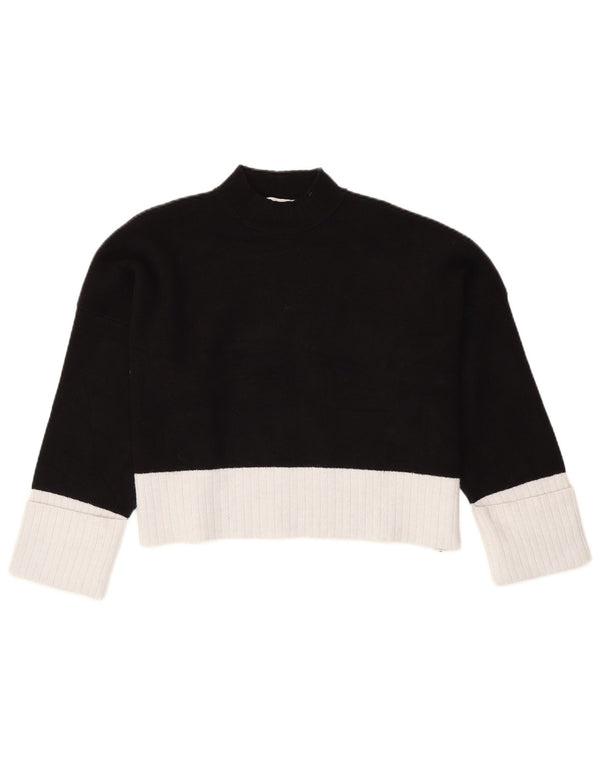 Zara Damen Crop 3/4 Ärmel Rollkragenpullover Pullover UK 14 Medium Schwarz