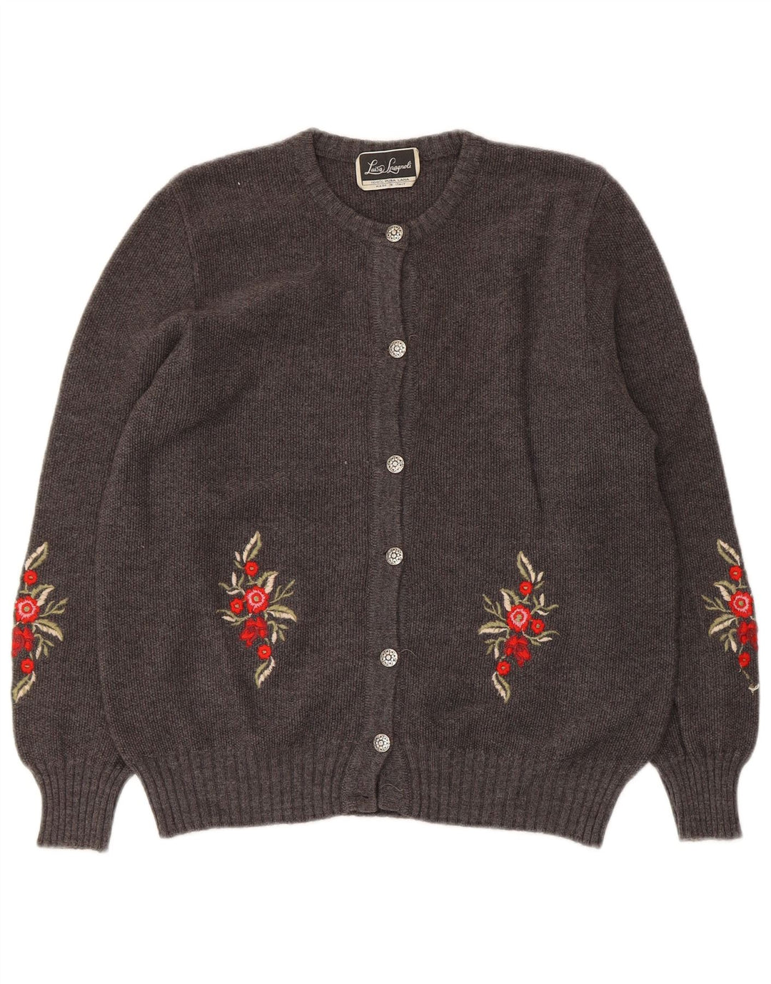 Luisa Spagnoli Damen Strickjacke Pullover UK 14 Mittelgraue geblümte Wolle