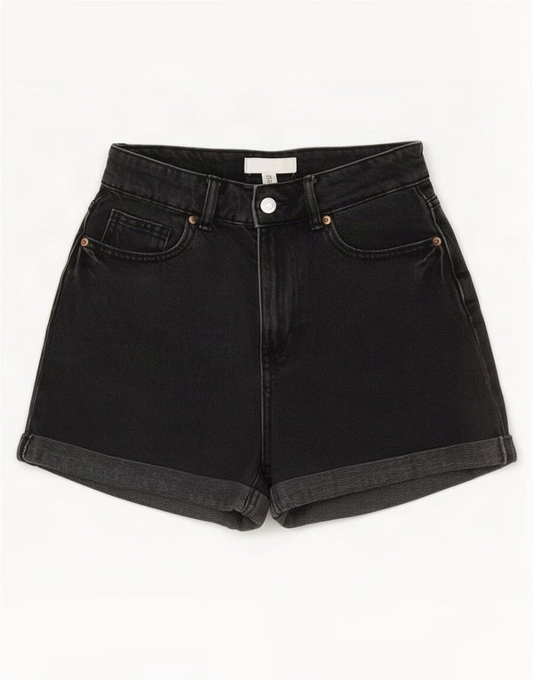 H&M Damen-Jeansshorts mit hoher Taille, EU 36, Größe S, W26, schwarze Baumwolle