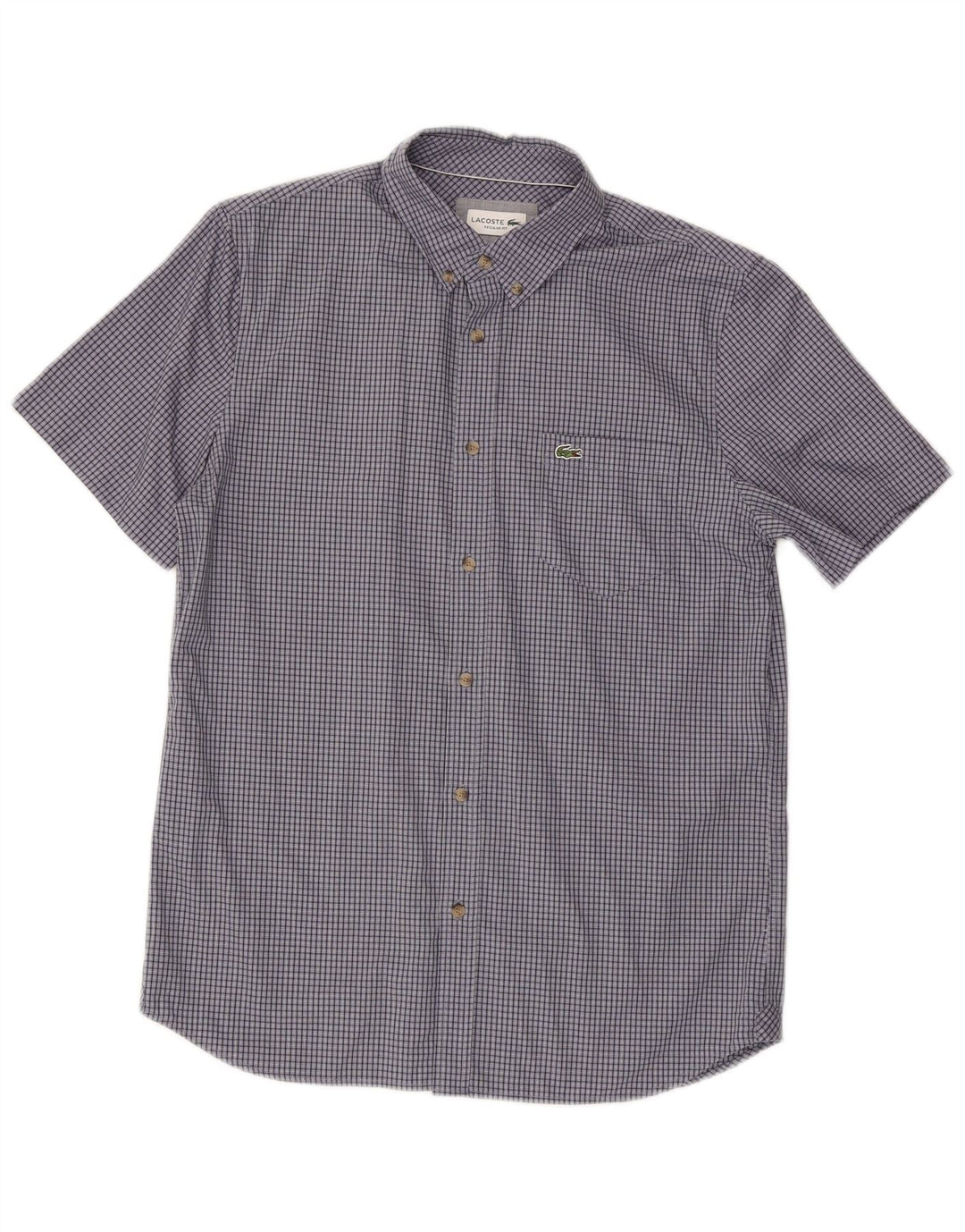 Lacoste Herren-Kurzarmhemd, Größe 40, mittelblau, kariert, Baumwolle