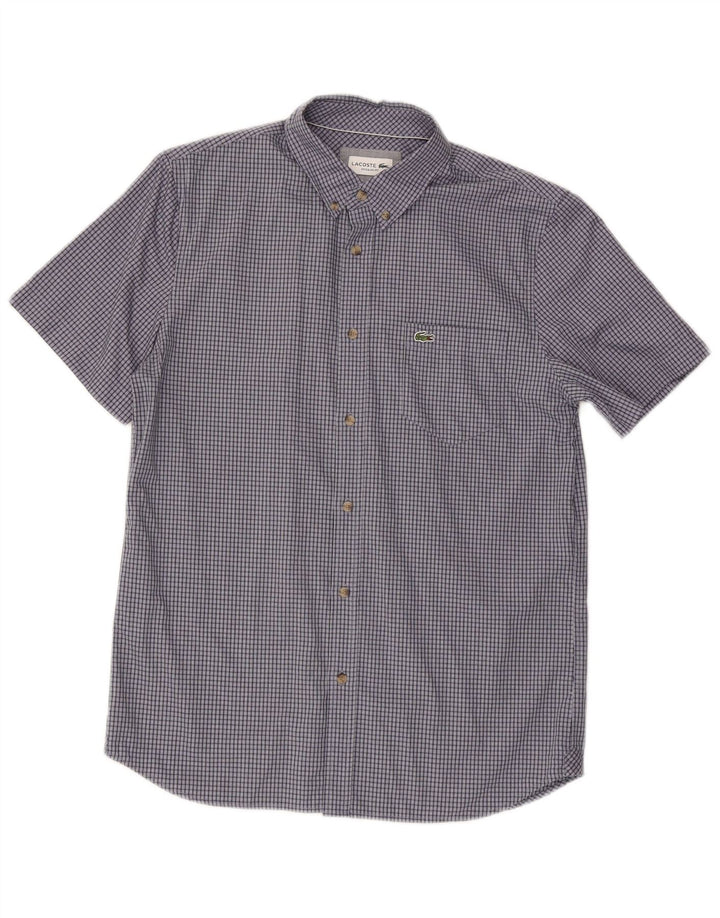 Lacoste Herren-Kurzarmhemd, Größe 40, mittelblau, kariert, Baumwolle