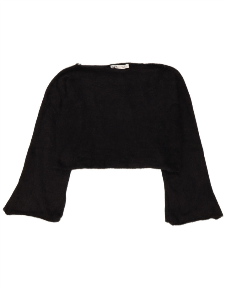 Zara Damen Crop Top Langarm UK 14 Medium Schwarz