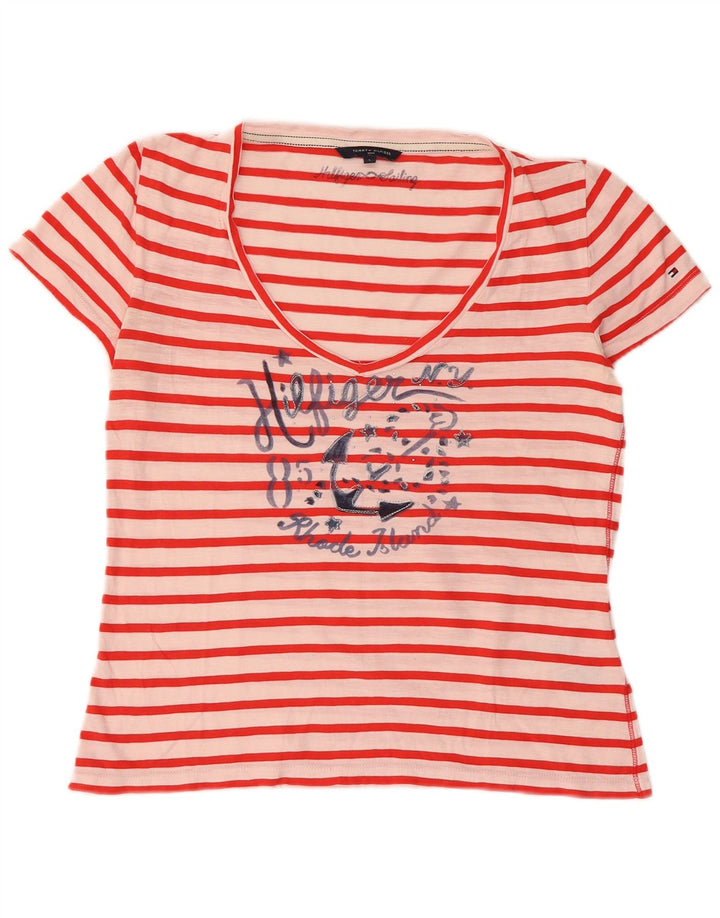 TOMMY HILFIGER Damen Crop Graphic T-Shirt Top UK 14 Large Rot gestreift