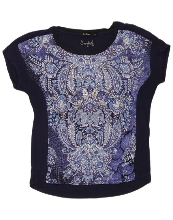 Desigual Damen Grafik-T-Shirt-Oberteil UK 14 Medium Navy Blue Paisley