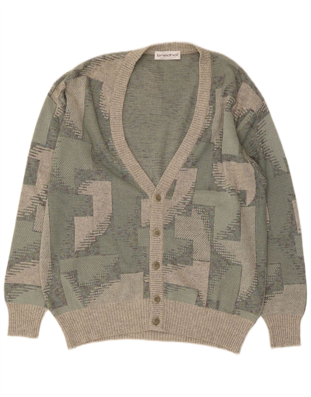 BREIDHOF Herren-Strickjacke, EU 54, XL, grüne geometrische Baumwolle