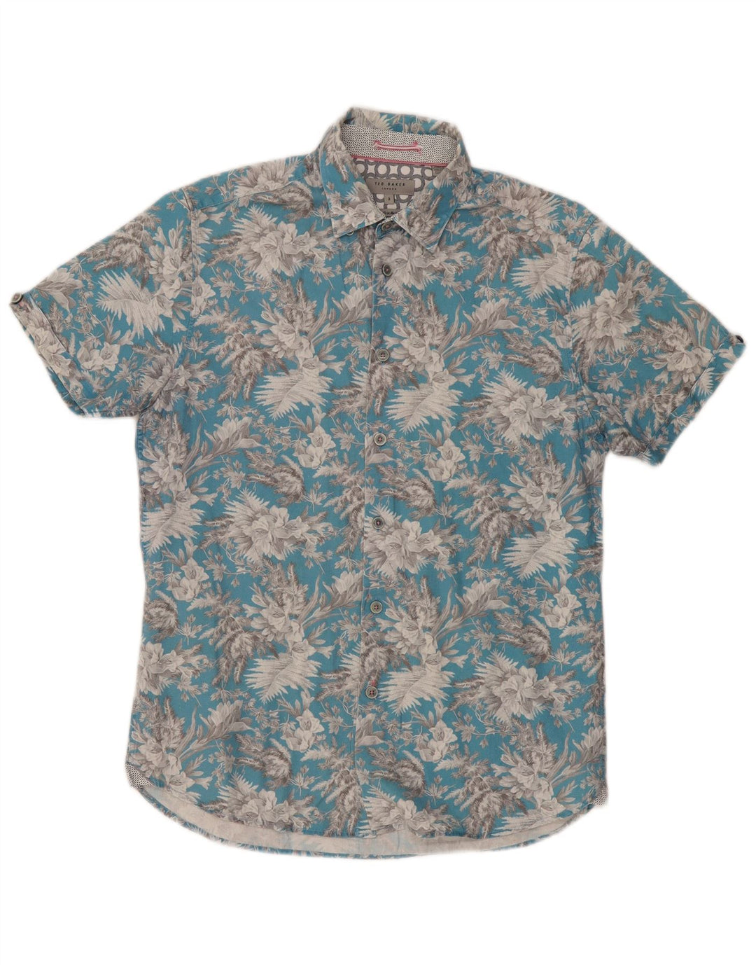 Ted Baker Herren-Kurzarmhemd, Größe 3, mittelblau, geblümt, Baumwolle