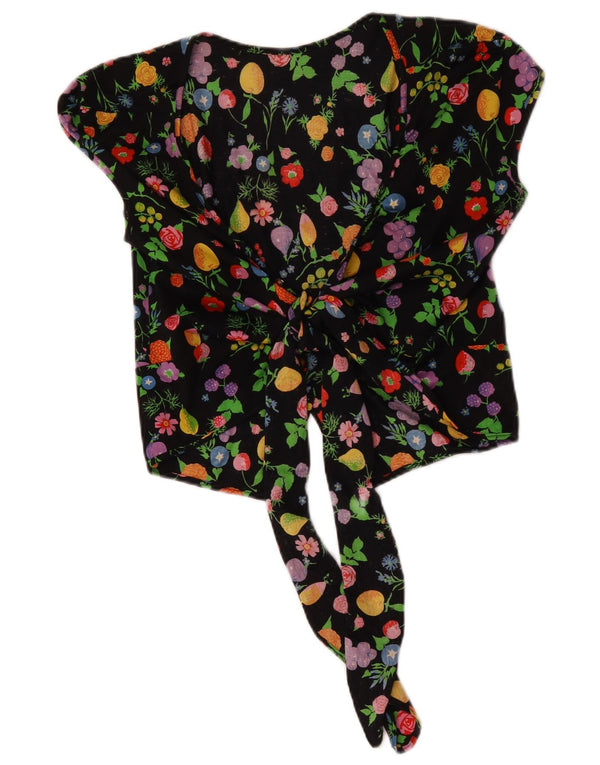 Vintage Damen Crop Wrap Cardigan Top UK 14 Mittelschwarz geblümt