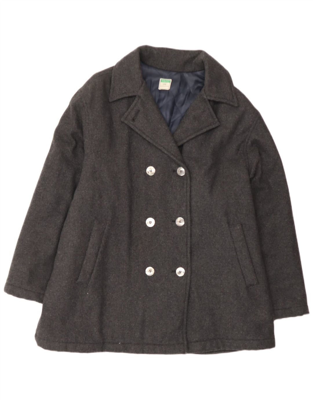 BENETTON Damen Zweireihiger Mantel UK 18 XL Graue Wolle