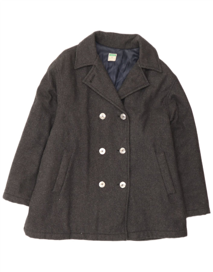 BENETTON Damen Zweireihiger Mantel UK 18 XL Graue Wolle