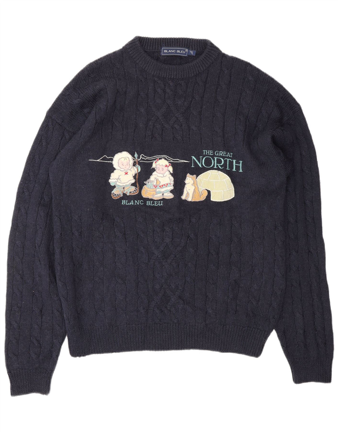 BLANC BLEU Herren-Pullover mit grafischem Rundhalsausschnitt, Größe L, Marineblau, Winter