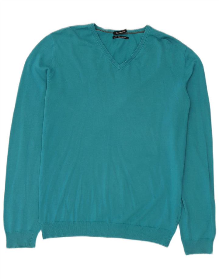 Massimo Dutti Damen-Pullover mit V-Ausschnitt, UK 14, mittelblaue Baumwolle