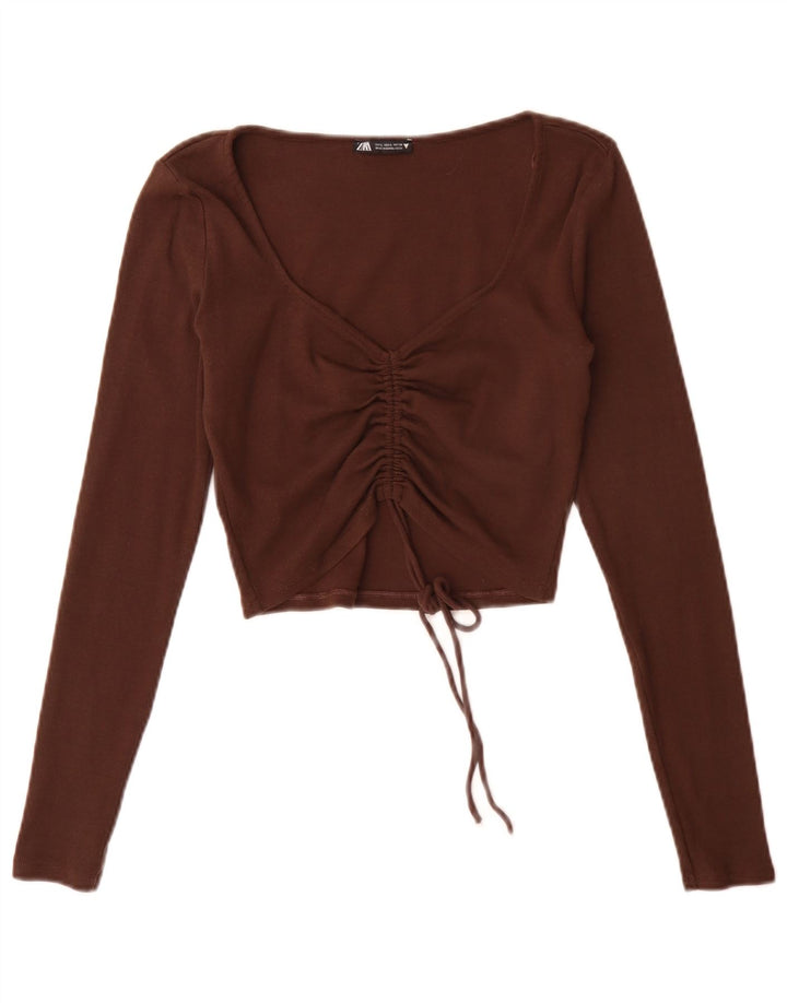 Zara Damen Langarm-Crop-Top UK 14 Large Braun