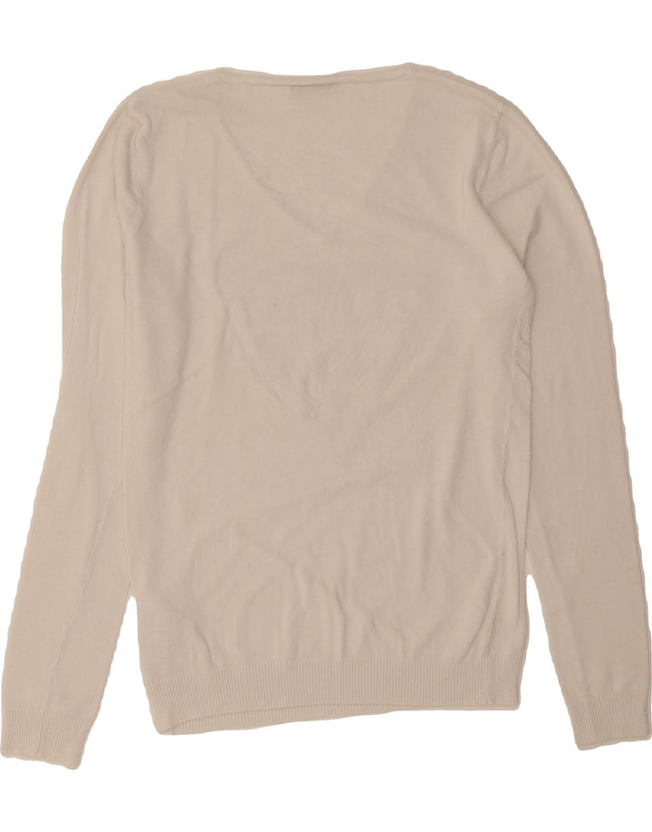 GUESS Womens Graphic V-Neck Jumper Sweater UK 12 Medium Off White Vintage Guess and Second-Hand Guess from Messina Hembry 