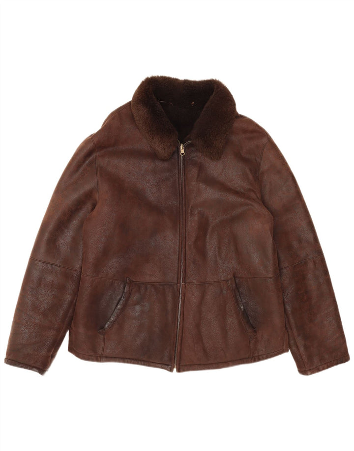VINTAGE Herren Shearling Jacke IT 50 Großes braunes Leder