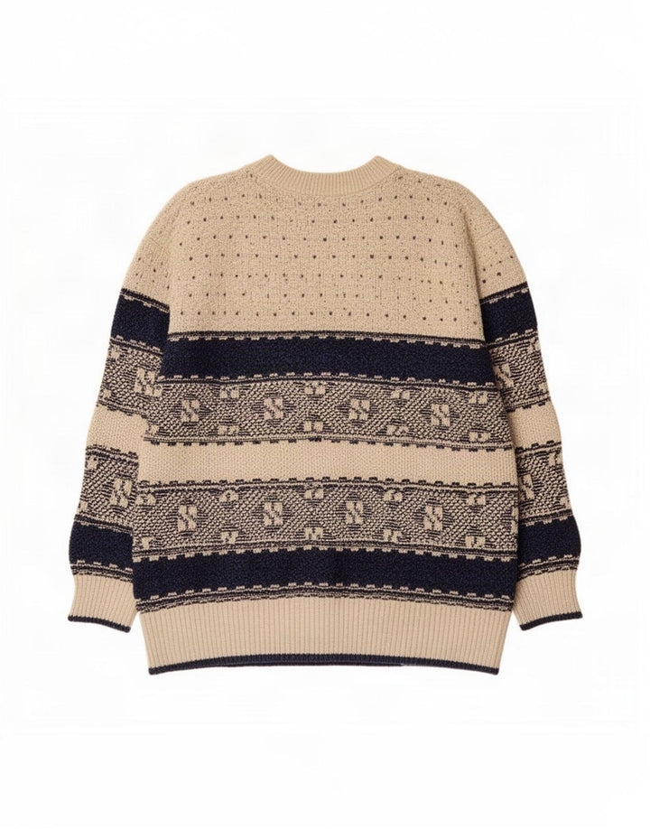 Vintage Herren Pullover mit Rundhalsausschnitt, groß, beige, geometrisch